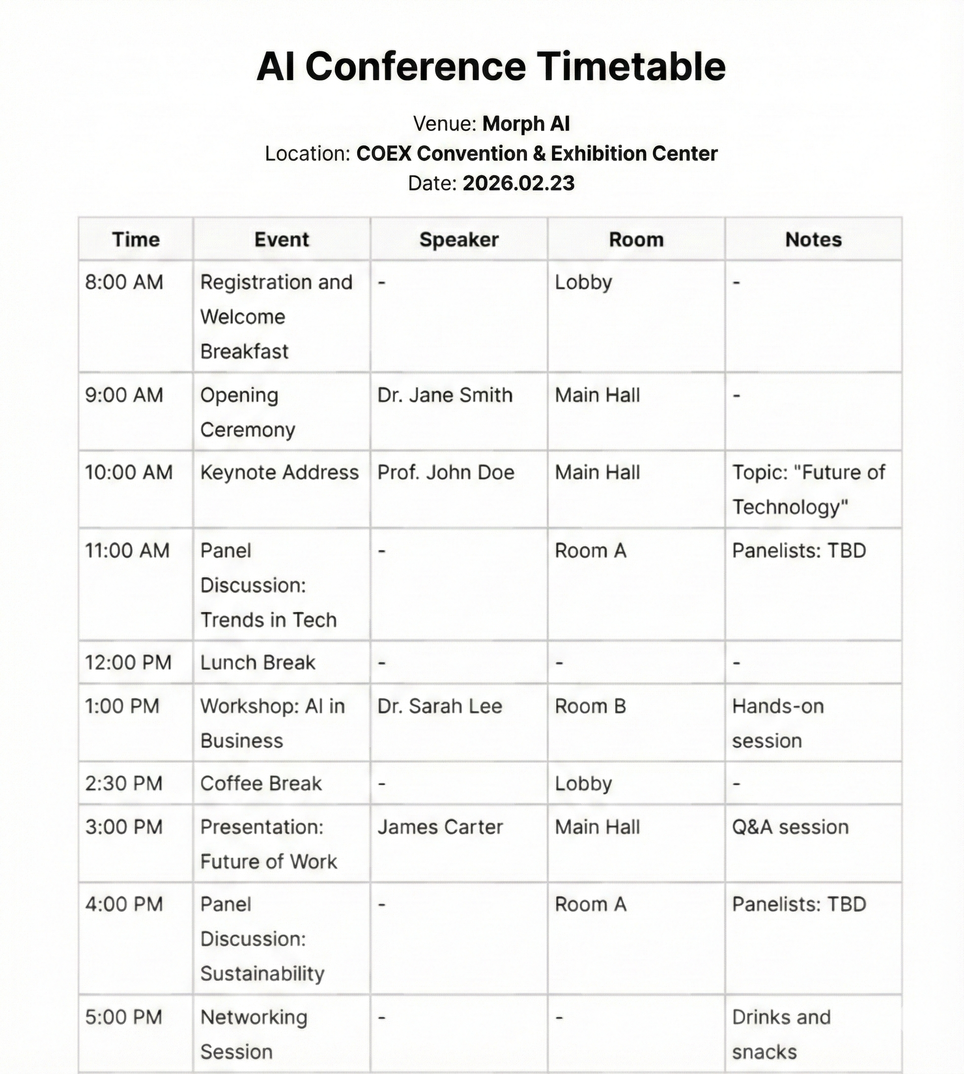 Conference timetable