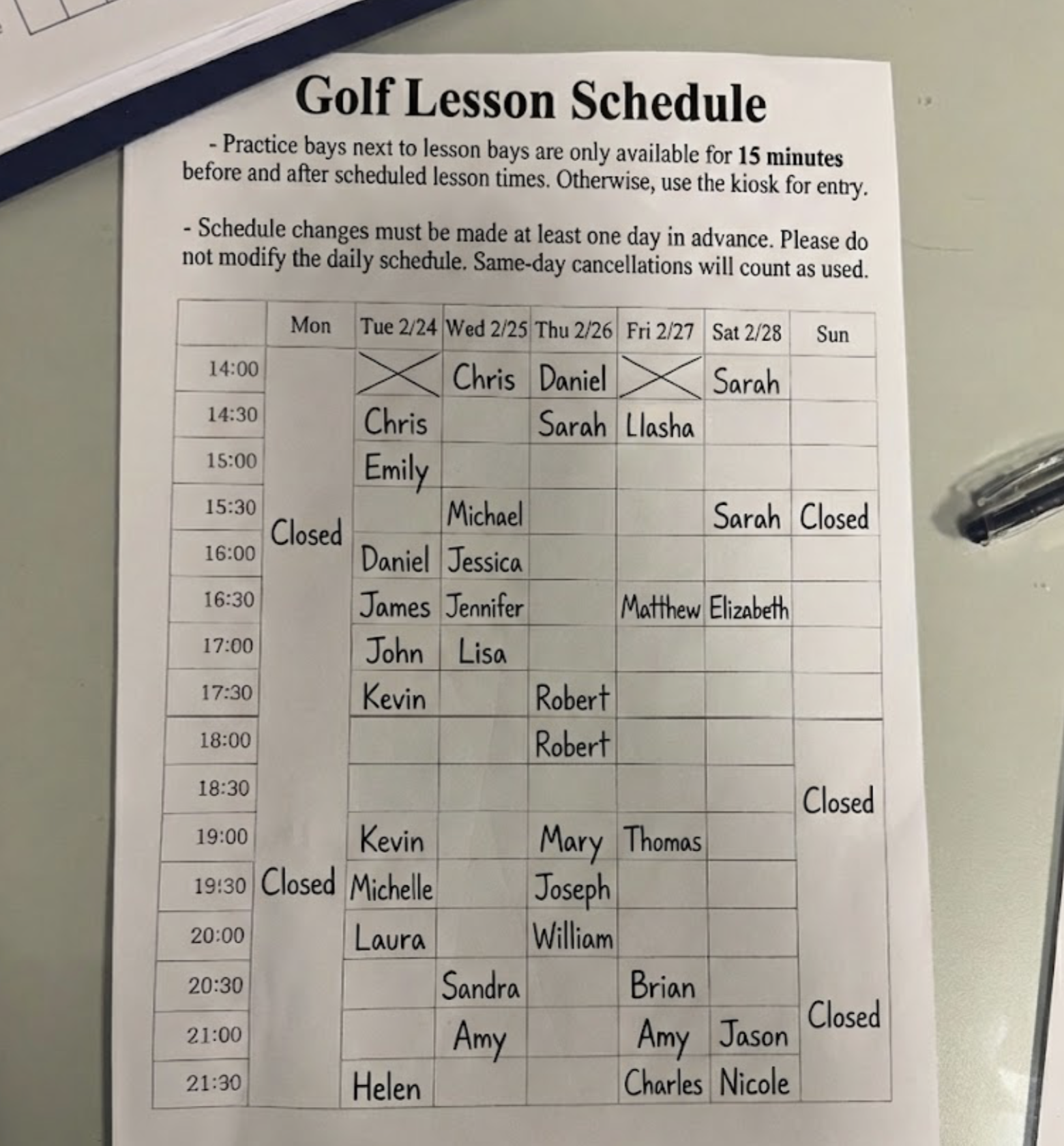 Golf schedule