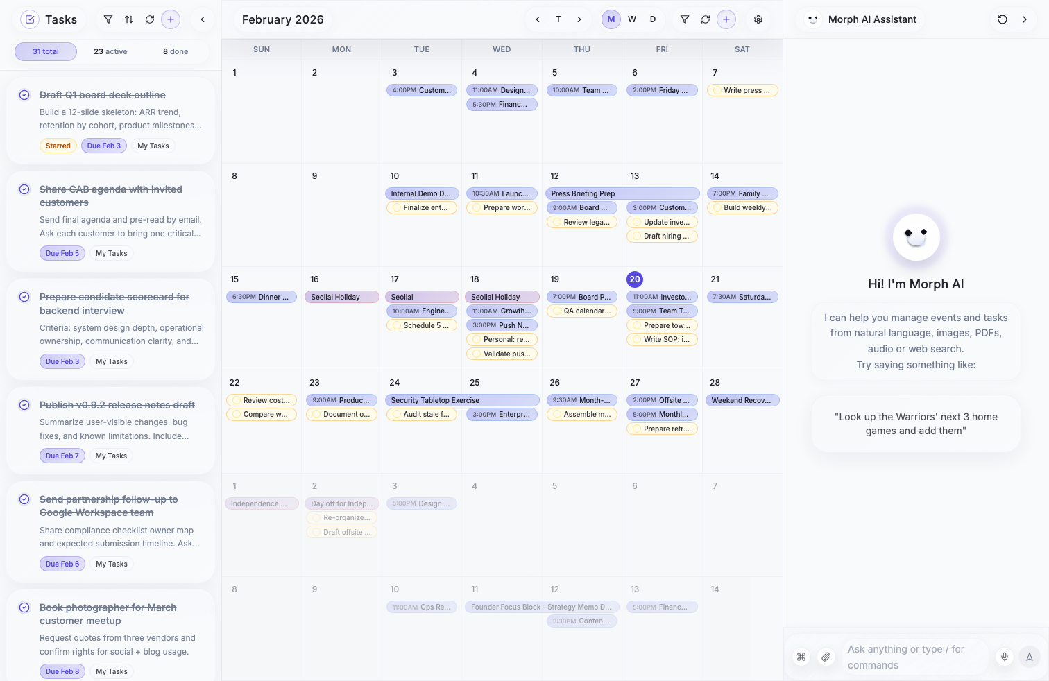 Morph AI — Tasks, Calendar, and AI Chat in one view