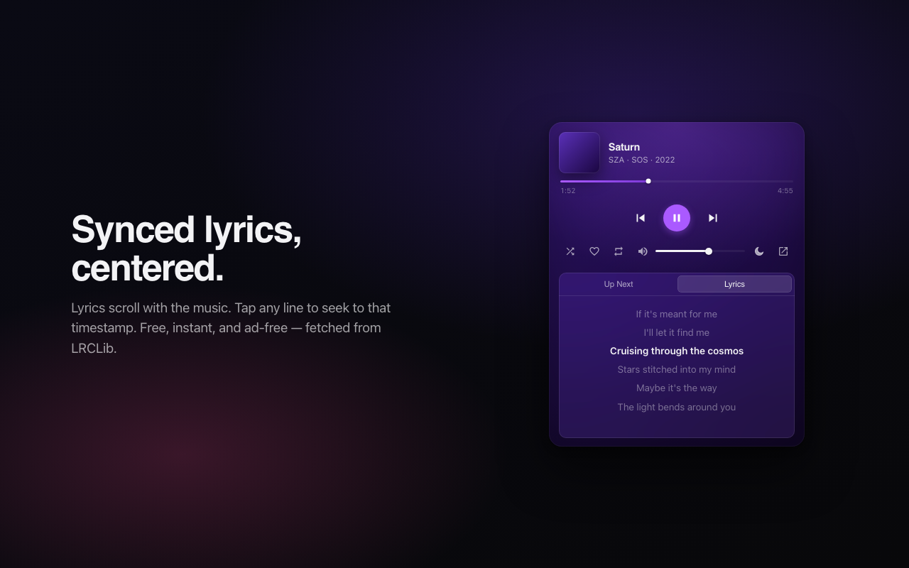 Synced lyrics in Pink Player