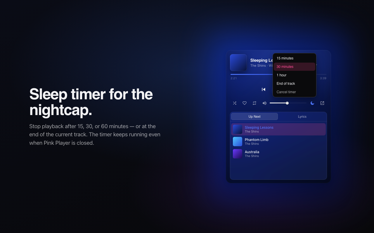 Sleep timer in Pink Player