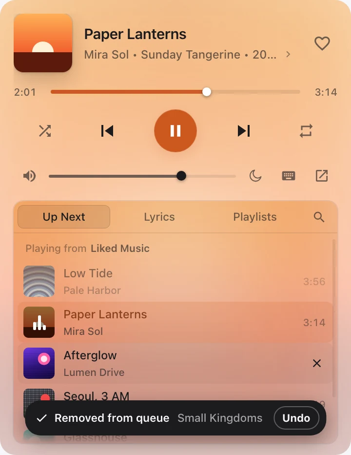 Up Next: Playing from Liked Music, the song that just played, durations, and a song removed with Undo